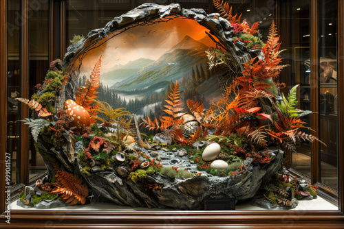 A hand-made diorama of a forest landscape in a museum display case with a twilight ambience 