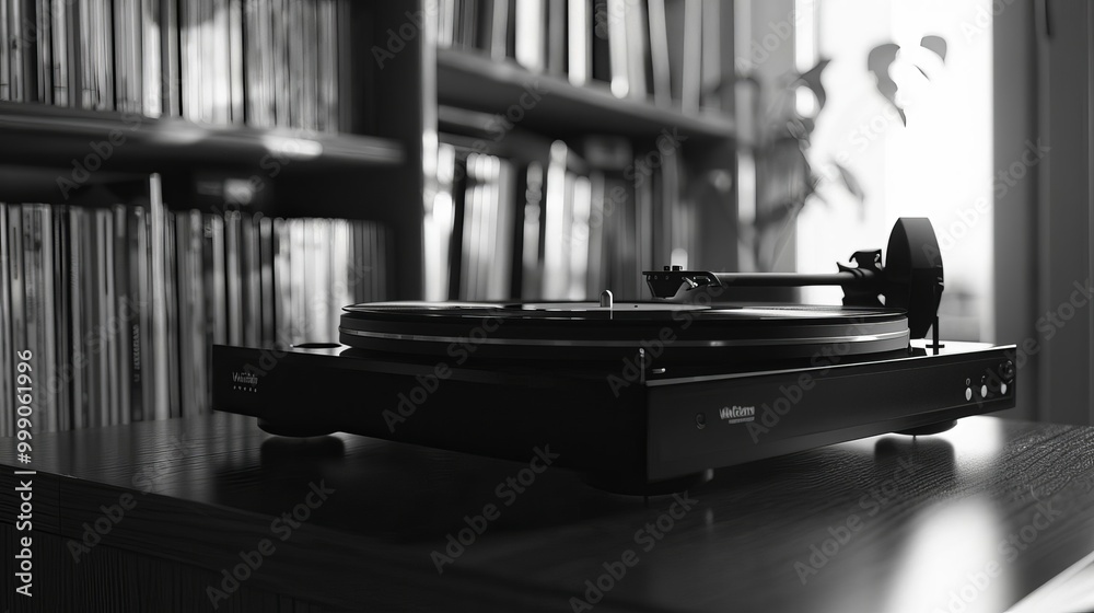 Black and white vinyl record player, on shelf, 8K resolution, detailed and crisp, retro and modern, high-quality photography