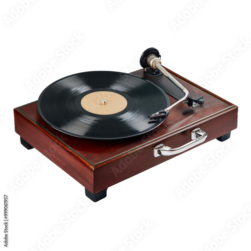 Vintage wooden turntable with record