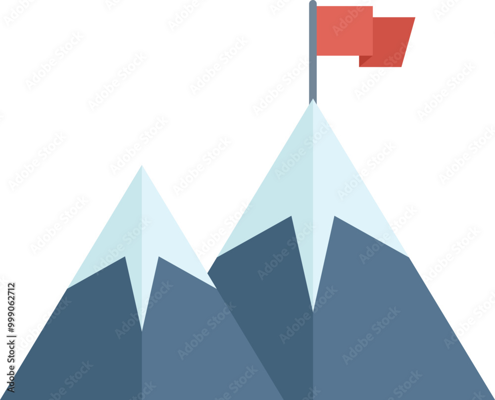 Red flag is waving on the top of a mountain peak, showing the concept of success Red flag is waving on the top of a mountain peak, showing the concept of success