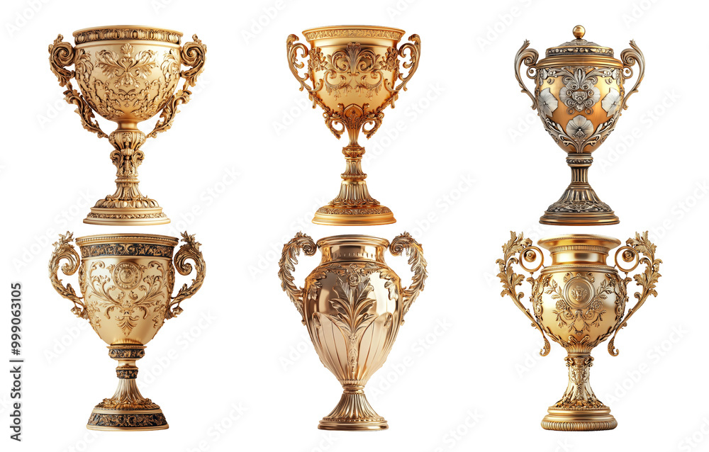 Golden ornate trophies collection isolated on transparent background Golden ornate trophies collection isolated on transparent background