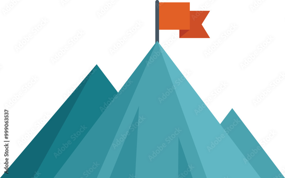 Red flag waving in the wind on a mountain peak representing achieving goals Red flag waving in the wind on a mountain peak representing achieving goals