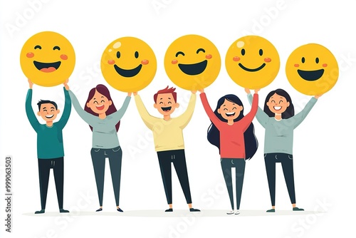 A group of happy people holding up smiley face emoji icons isolated on a...