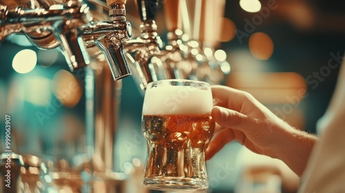 A bartender at a restaurant or pub pouring a draught lager beer from a beer tap. soft vintage effect on the picture