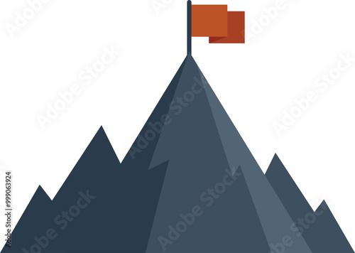 Red flag is waving on the top of a mountain peak, celebrating the achievement of a challenging goal