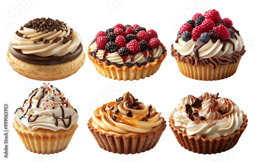 Assorted cupcakes with decorative toppings isolated on transparent background