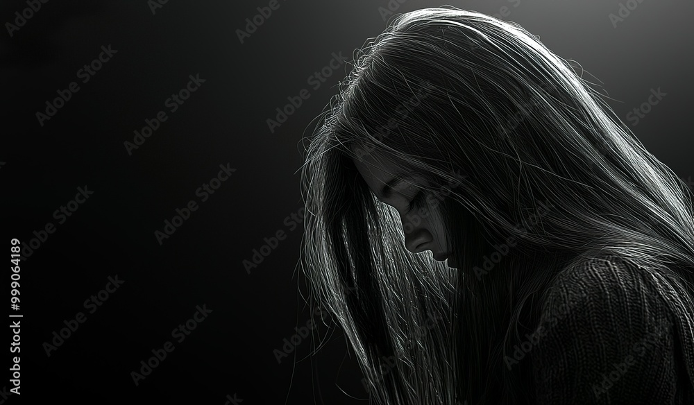 A young girl is hiding her face behind long hair, in side view, in black and... A young girl is hiding her face behind long hair, in side view, in black and...