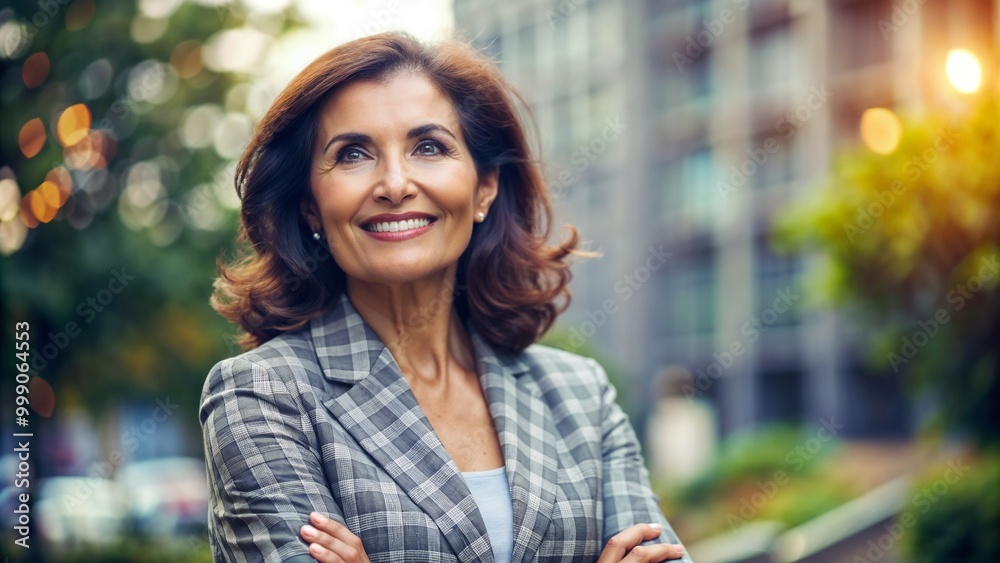Confident mature woman smiling while standing in a city park with arms crossed Confident mature woman smiling while standing in a city park with arms crossed