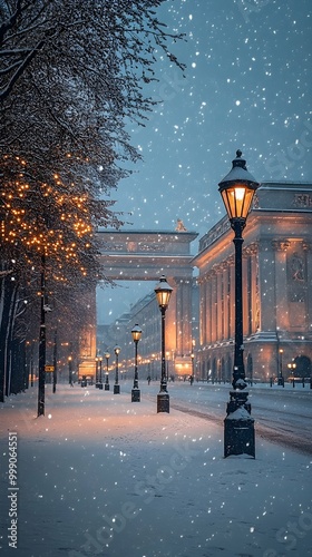 Munich's Konigsplatz in Winter - Iconic Street Lights and Snowfall. photo