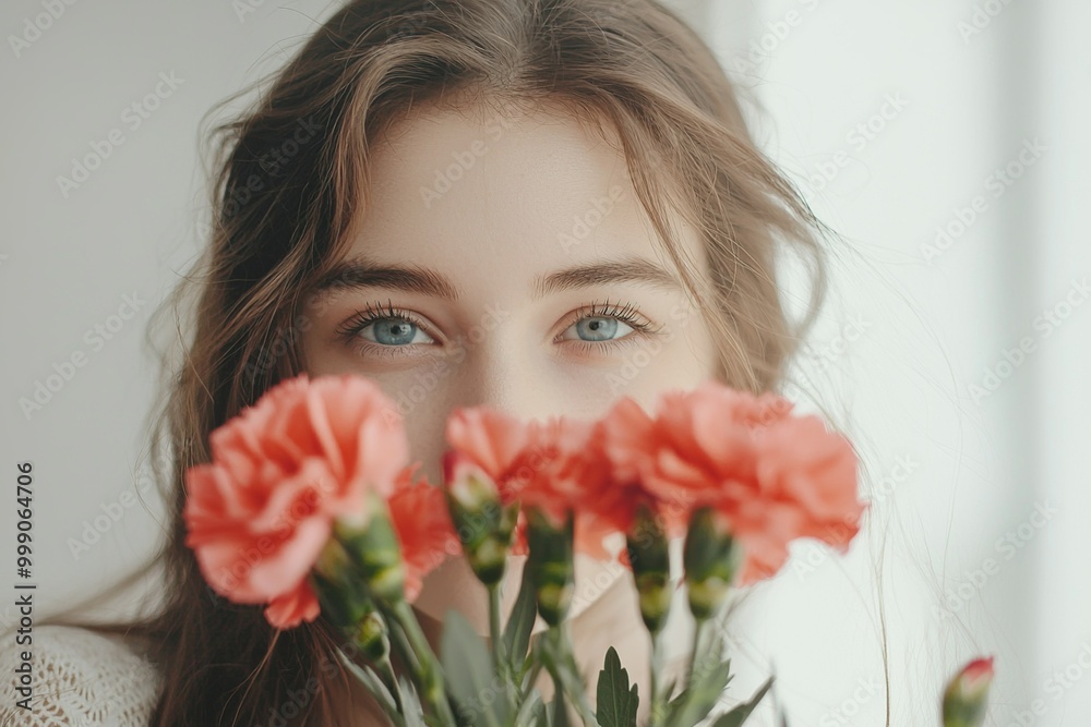Photo of a woman holding flowers in front of her face, looking directly at... Photo of a woman holding flowers in front of her face, looking directly at...