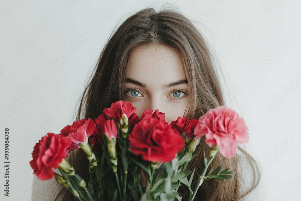 Photo of a woman holding flowers in front of her face, looking directly at... Photo of a woman holding flowers in front of her face, looking directly at...