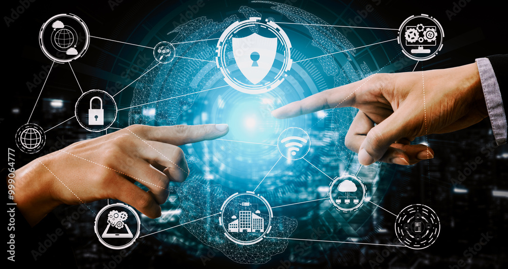 Cyber Security and Digital Data Protection Concept. Icon interface showing secure firewall technology for online data access defense against hacker, virus and insecure information for privacy. uds Cyber Security and Digital Data Protection Concept. Icon interface showing secure firewall technology for online data access defense against hacker, virus and insecure information for privacy. uds