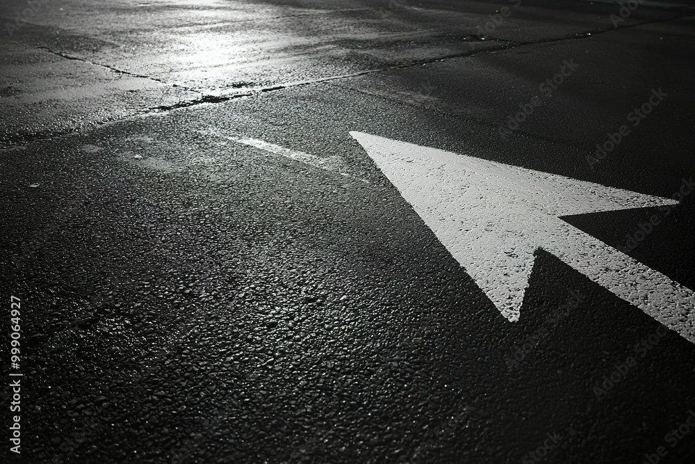 White arrow sign on an asphalt road, monochrome, high-resolution photography. White arrow sign on an asphalt road, monochrome, high-resolution photography.