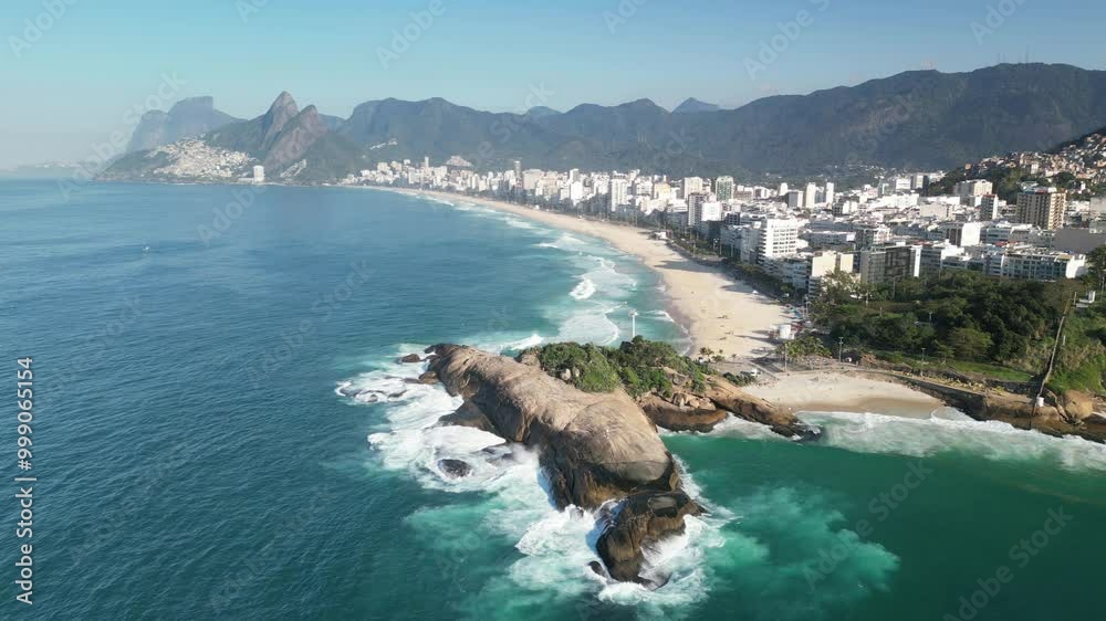 Drone aerial 4k over Ipanema beach in Rio de Janeiro in the morning