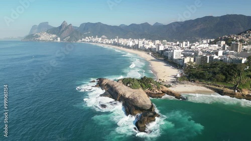 Drone aerial 4k over Ipanema beach in Rio de Janeiro in the morning