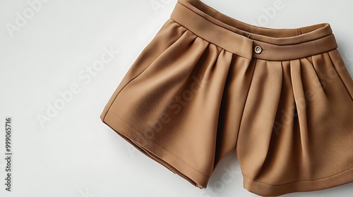 A pair of brown, pleated shorts with a single button closure. photo