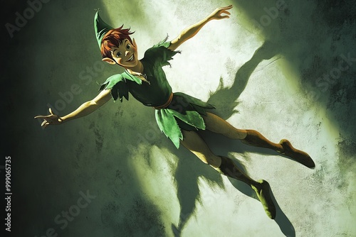 A magical illustration of Peter Pan casting a shadow on the wall, with his iconic pose and mischievous smile 