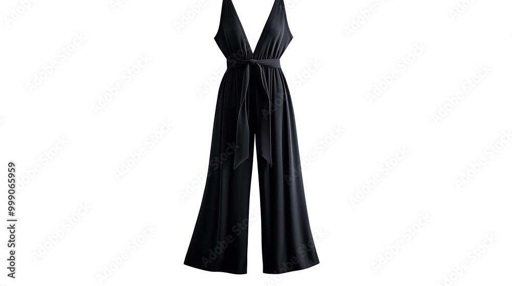 Black v-neck jumpsuit with tie waist. Black v-neck jumpsuit with tie waist.