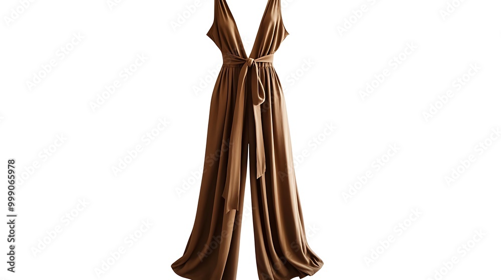 A brown sleeveless jumpsuit with a deep v-neck and a tie waist. A brown sleeveless jumpsuit with a deep v-neck and a tie waist.