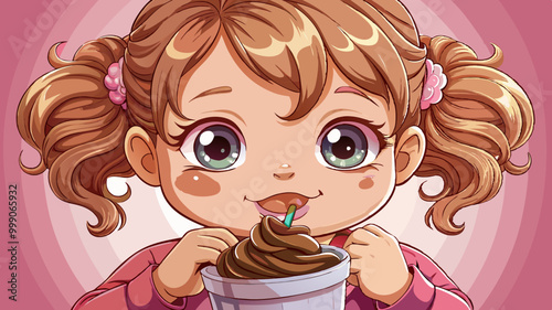 Close-up portrait of her  nice cute charmingFunny baby girl eating chocolate mousse with fingers