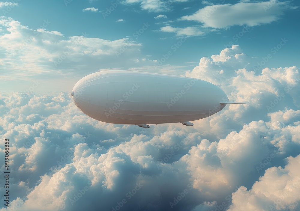 A graceful white blimp floats in the bright blue sky surrounded by fluffy clouds on a clear day A graceful white blimp floats in the bright blue sky surrounded by fluffy clouds on a clear day