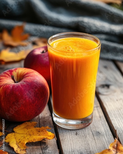 Autumn juice blend in glass on wooden table