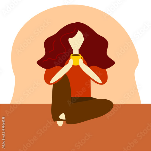 Vector illustration girl sitting on the floor with a cup of coffee 