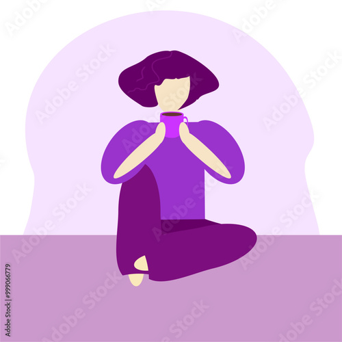 Vector illustration girl sitting on the floor with a cup of coffee 