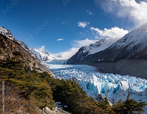 Icy Glaciers Carving Through Majestic Mountains, Showcasing Nature's Power photo