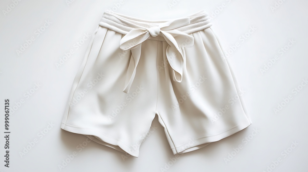 A pair of white women's shorts with a tied bow at the waist. A pair of white women's shorts with a tied bow at the waist.