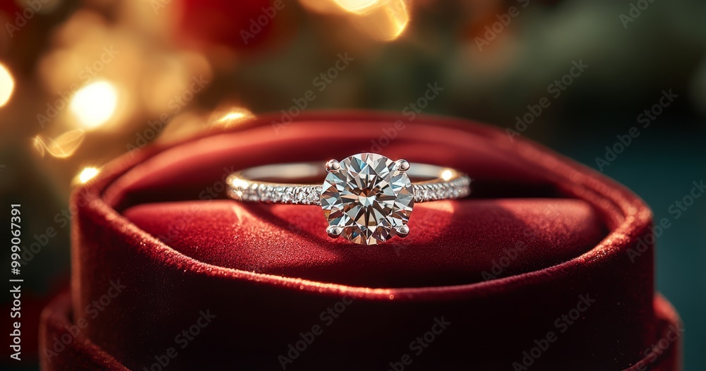 Elegant diamond ring on plush red velvet background