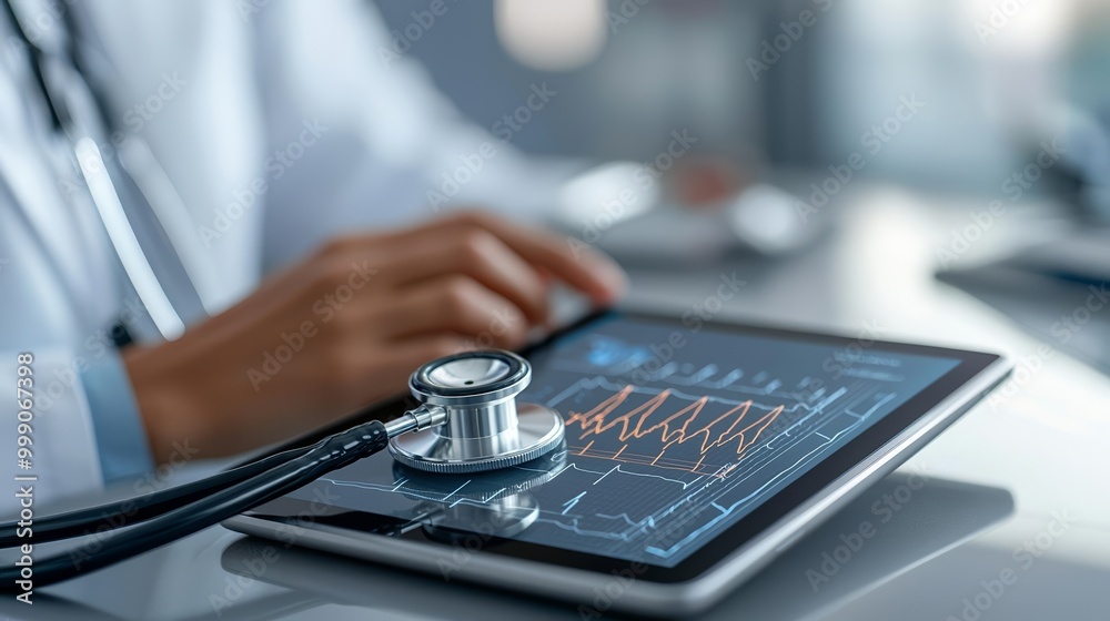 Modern stethoscope on a tablet displaying a vibrant electrocardiogram, blending healthcare with futuristic medical technology Modern stethoscope on a tablet displaying a vibrant electrocardiogram, blending healthcare with futuristic medical technology
