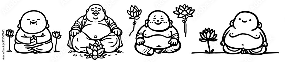 Fototapeta premium smiling buddha illustrations in a detailed black and white vector collection