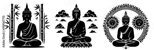 black shape of buddha sitting in meditation pose black vector