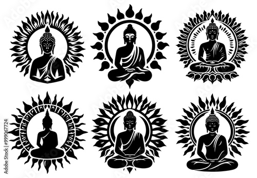 peaceful meditating buddha silhouette in detailed black vector