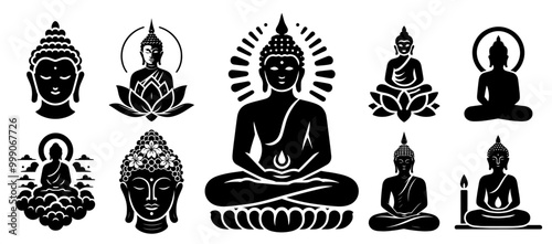 black silhouette of meditating buddha in lotus position black vector