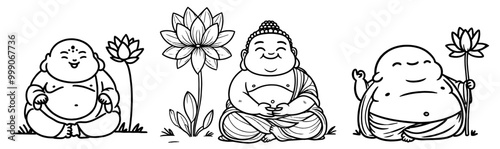 black and white vector set of smiling buddha icons, featuring joyful and serene expressions