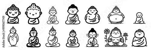 cute buddha characters in different meditation poses, black vector doodle set