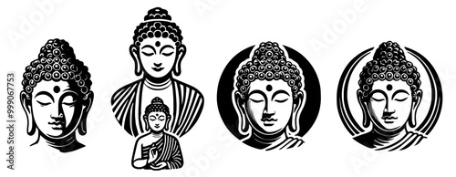buddha portrait set in minimalist black and white vector style