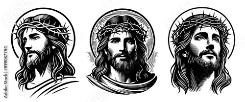 spiritual collection of jesus christ portrait illustrations in elegant black and white vector design