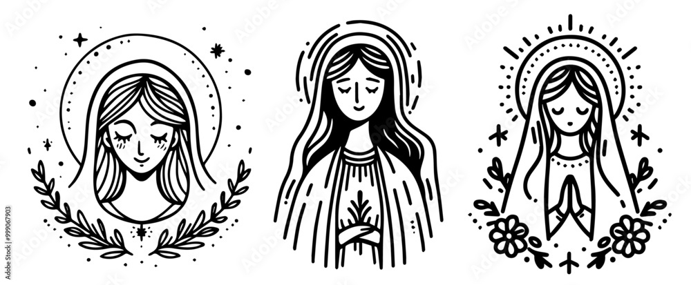 artistic cartoon-style portraits of mary in hand-drawn doodle style, black and white vector set artistic cartoon-style portraits of mary in hand-drawn doodle style, black and white vector set