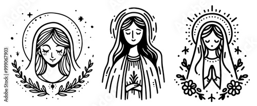 artistic cartoon-style portraits of mary in hand-drawn doodle style, black and white vector set