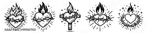 collection of burning hearts with thorns in black and white cartoon style vector