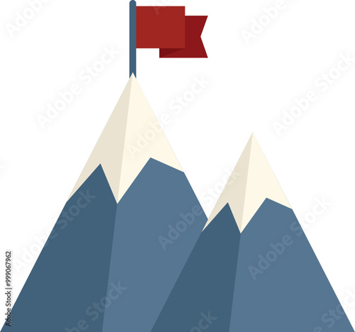 Red flag is waving on the top of a mountain peak, symbolizing business success