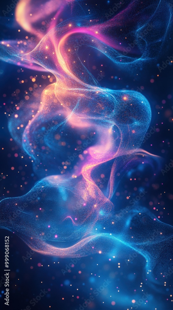 Vibrant blue and purple liquid waves with neon light reflection
