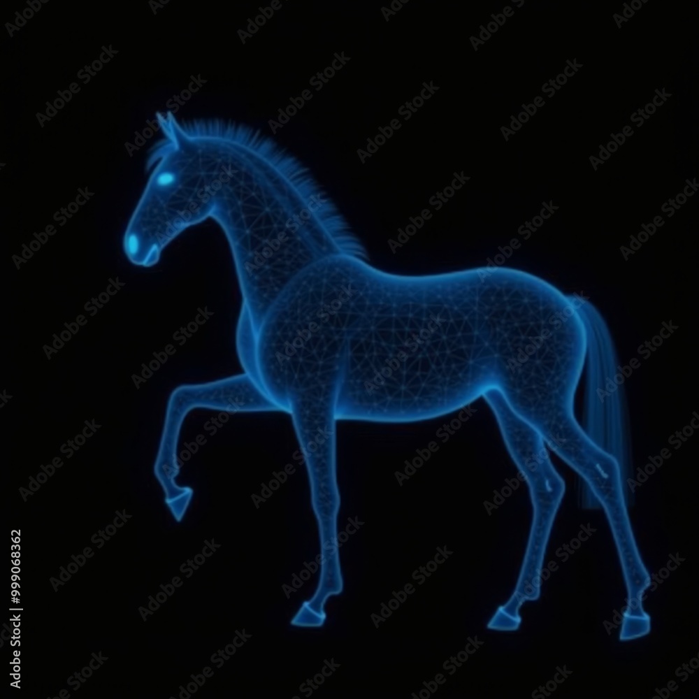 blue neon horse hologram on black background blue neon horse hologram on black background