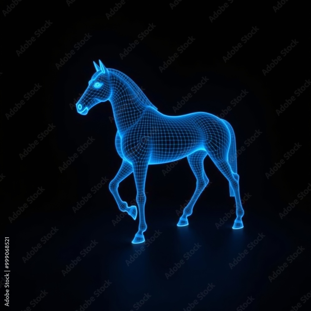 Fototapeta premium blue neon horse hologram on black background