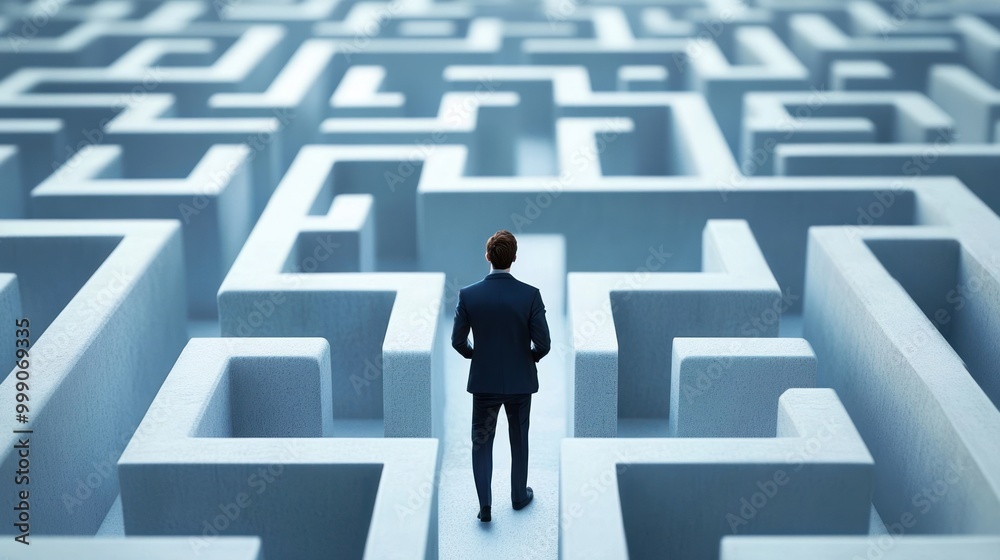 Businessman standing in a maze, looking at the complex paths ahead of him. Businessman standing in a maze, looking at the complex paths ahead of him.
