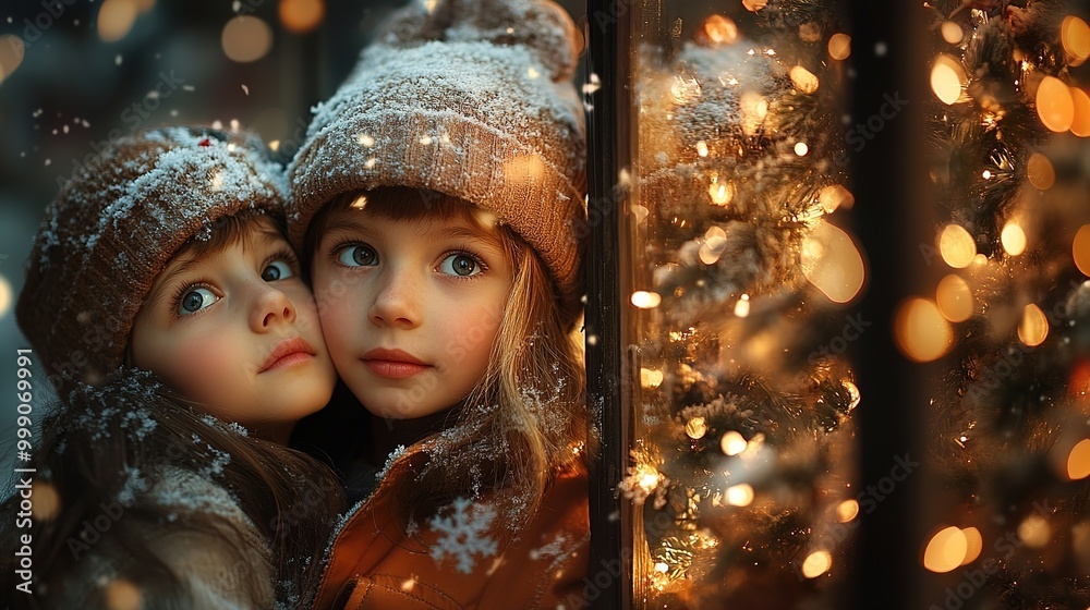 Two girls in winter hats gaze at Christmas lights. ✨ . Two girls in winter hats gaze at Christmas lights. ✨ .