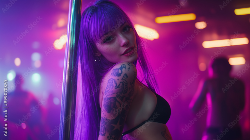 Beautiful purple hairWoman with Colorful Tattoos Dancing on a Pole in a Club Beautiful purple hairWoman with Colorful Tattoos Dancing on a Pole in a Club